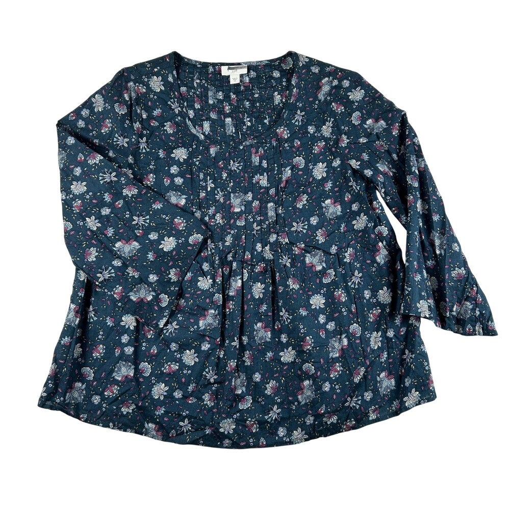 J. Jill Blouse Womens XS Blue Floral Pleated Tunic Long Sleeve Cotton Top Flowy